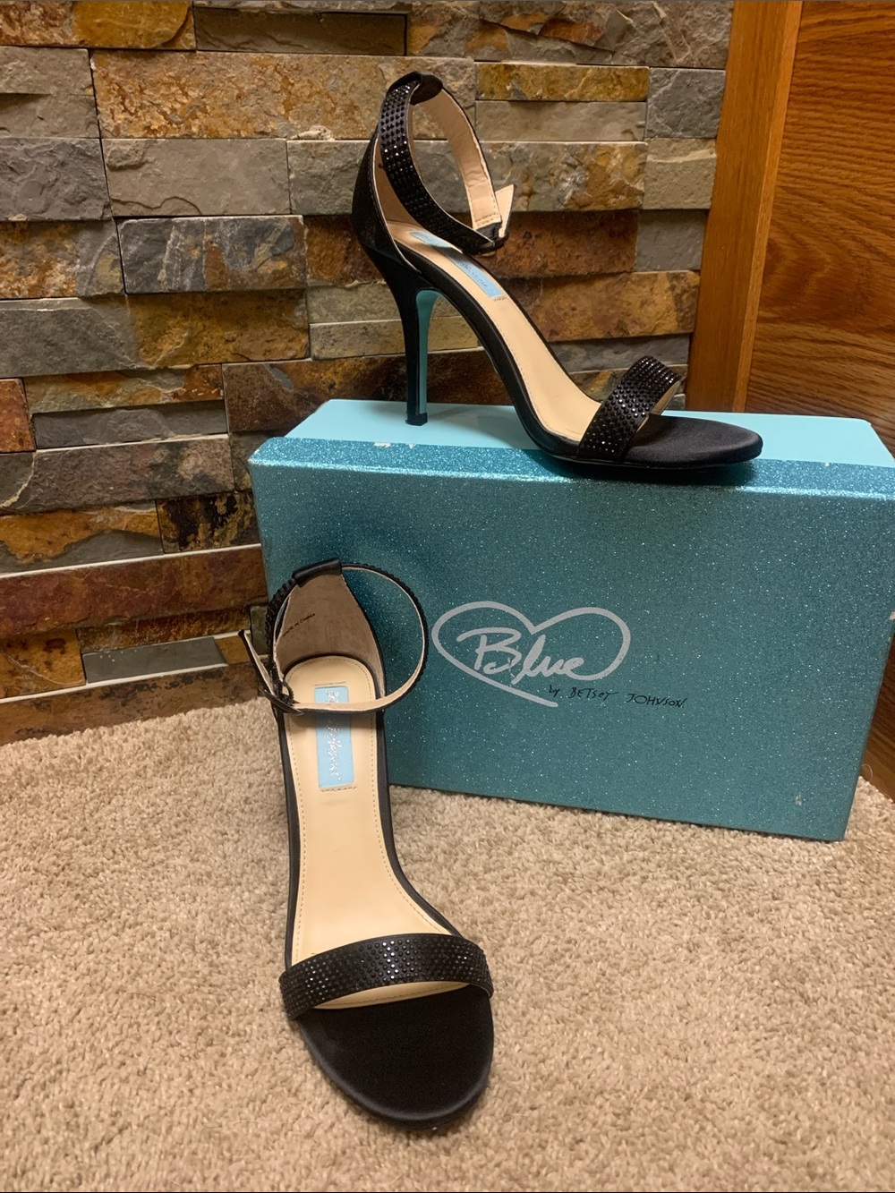 Blue by Betsey Johnson Black Ankle-Strap Stiletto Sandals with Sparkle